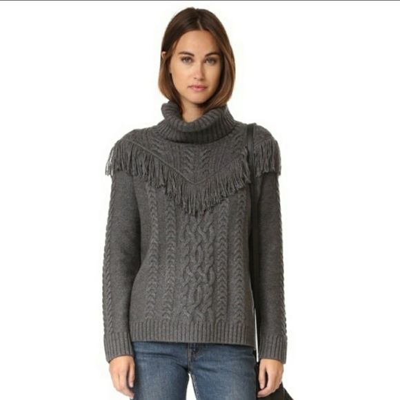 Joie Viviam Fringe Turtle Neck Sweater Wool Cable Knit - Picture 1 of 7